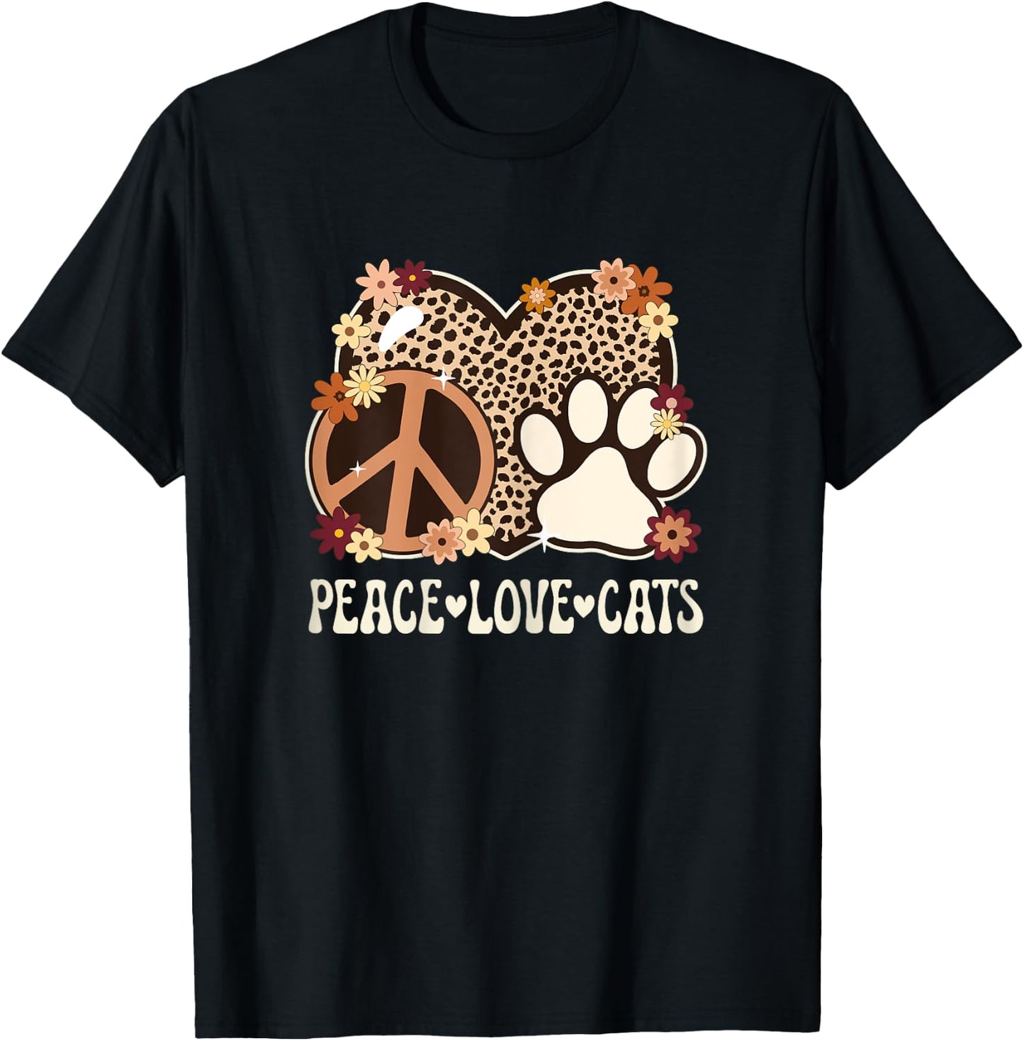 Peace Love Cats Cheetah Print Women Girl Cat Owner Cat Lover T-Shirt - T-Shirt | Black