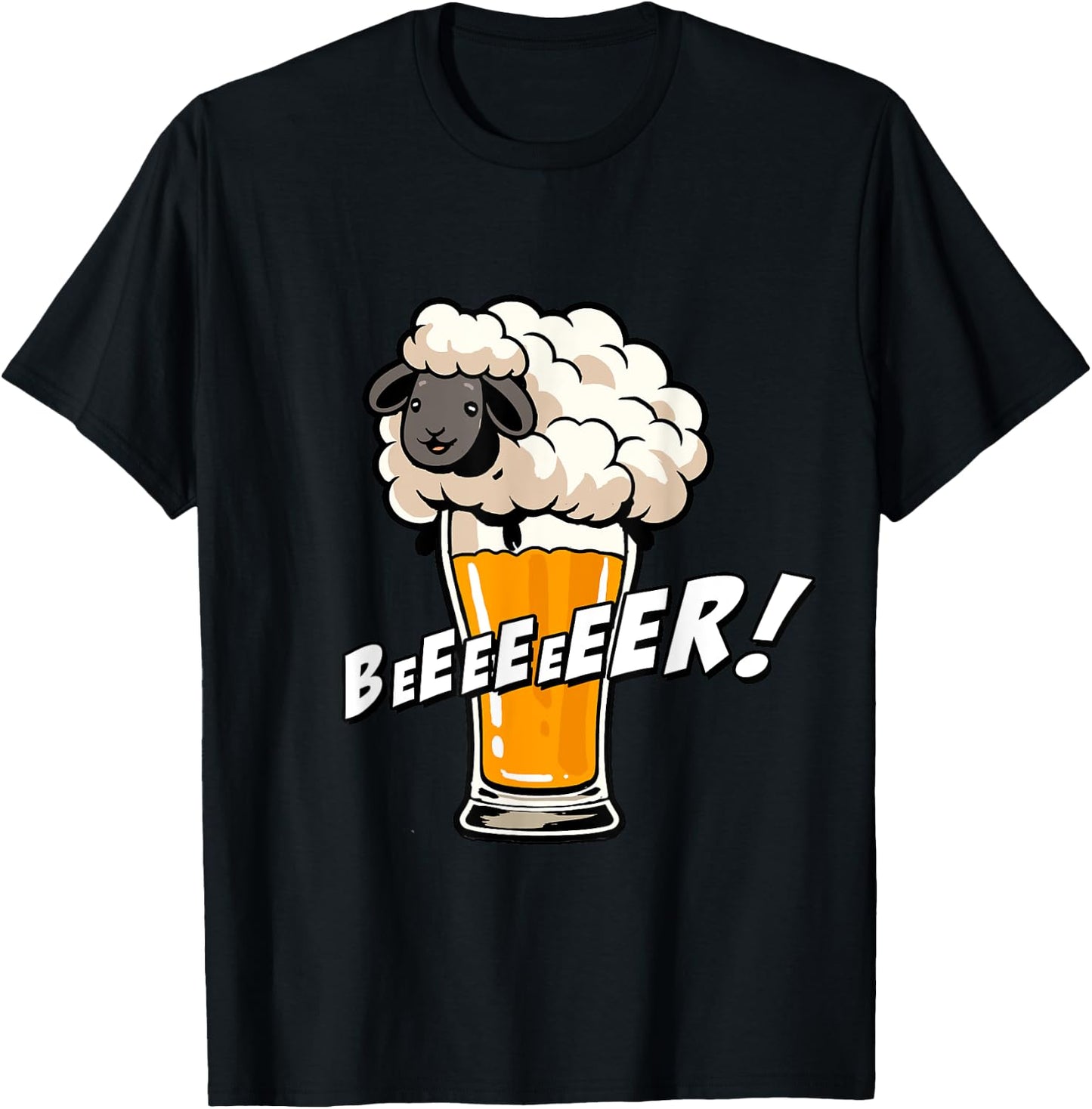 Funny Word Game Illustration Beeeer Sheep And Beer , Black, S T-Shirt - T-Shirt | Black