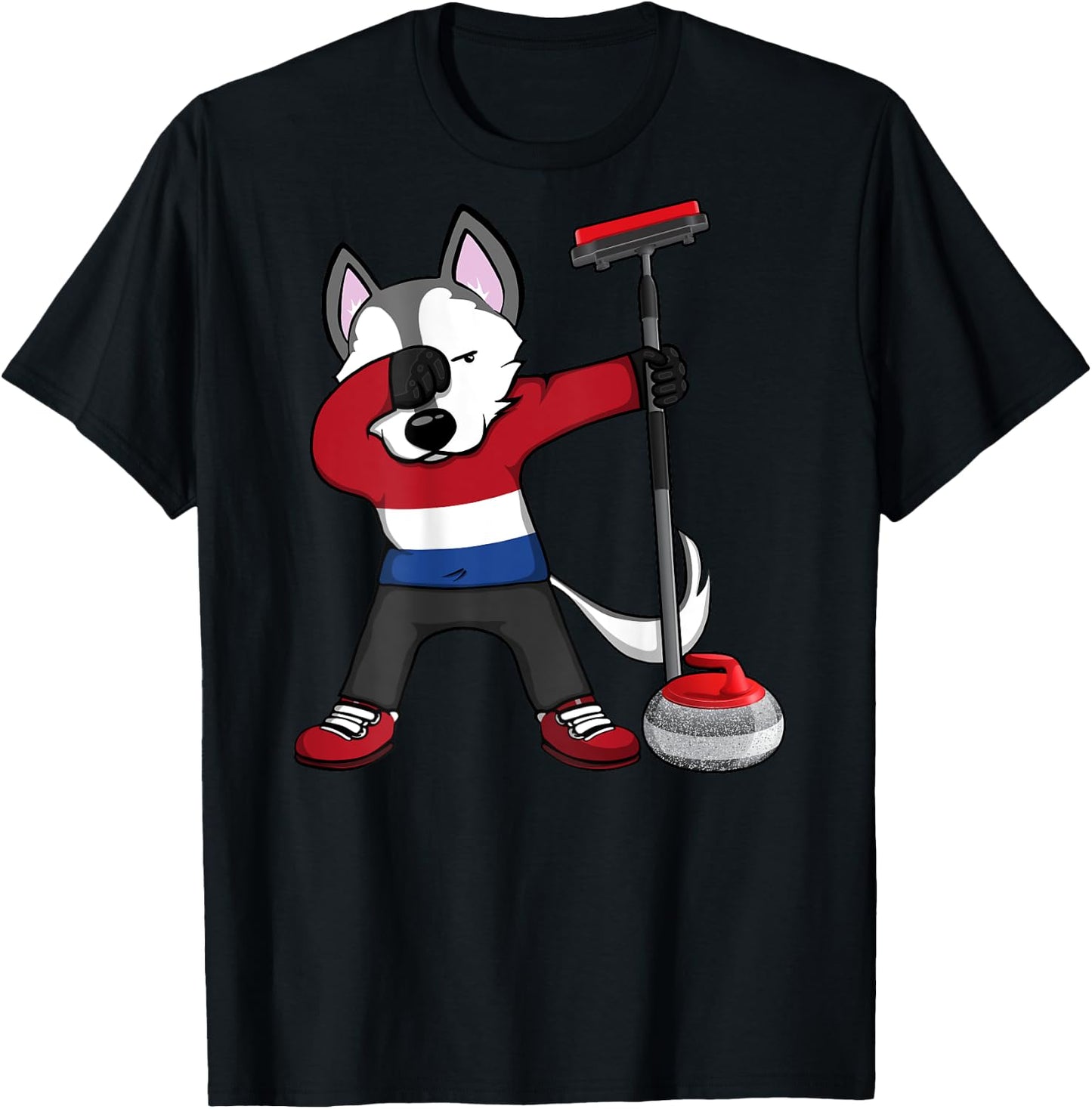 Dabbing Husky Netherlands Curling Lovers Jersey Winter Sport T-Shirt - T-Shirt | Black