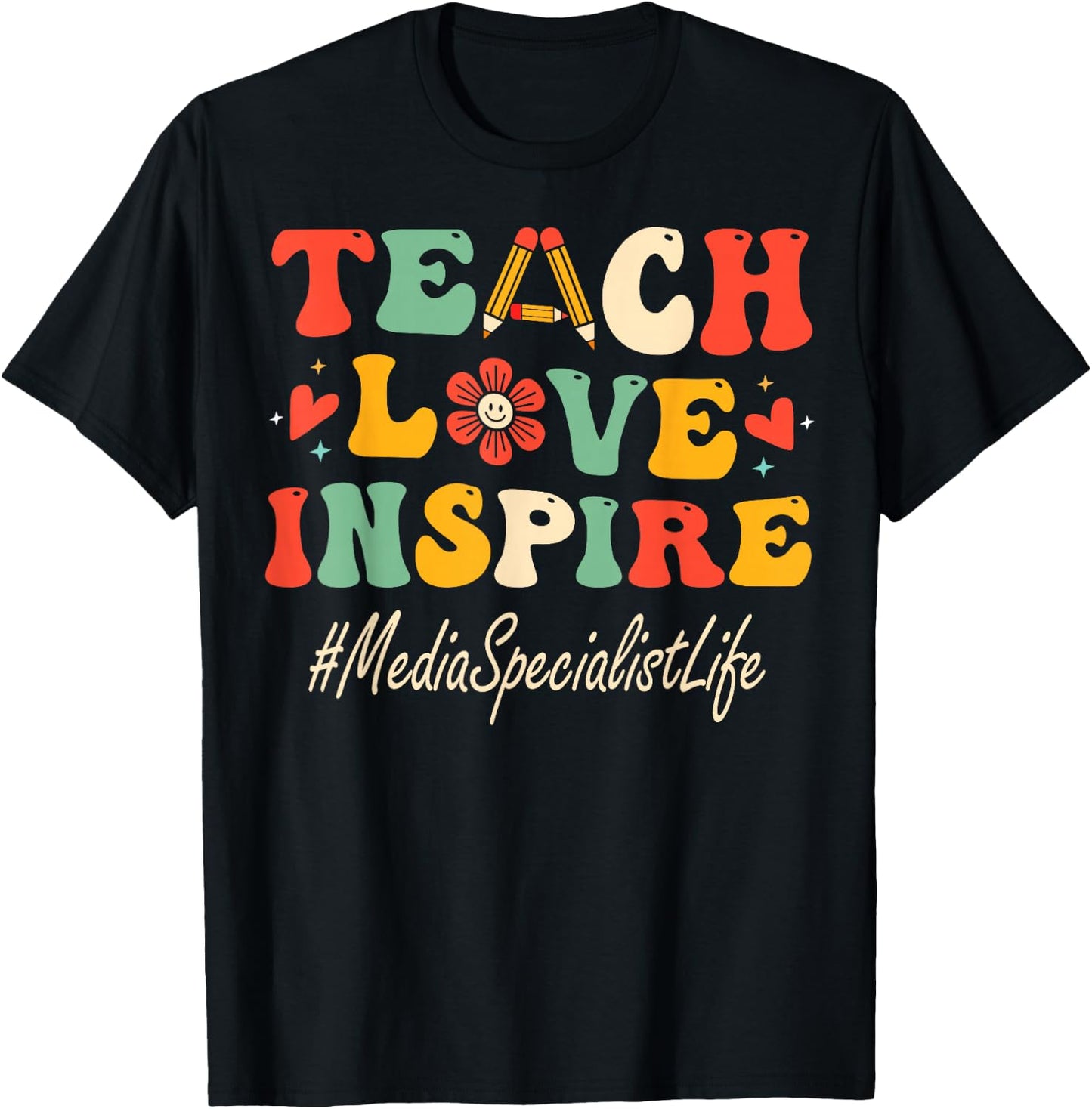 Media Specialist Teach Love Inspire Groovy Bach to School T-Shirt - T-Shirt | Black