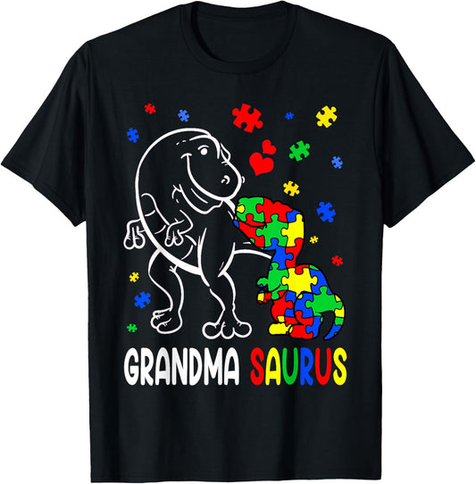 Grandma Saurus Autism Awareness Autistic Dinosaur Family T-Shirt - T-Shirt | Black