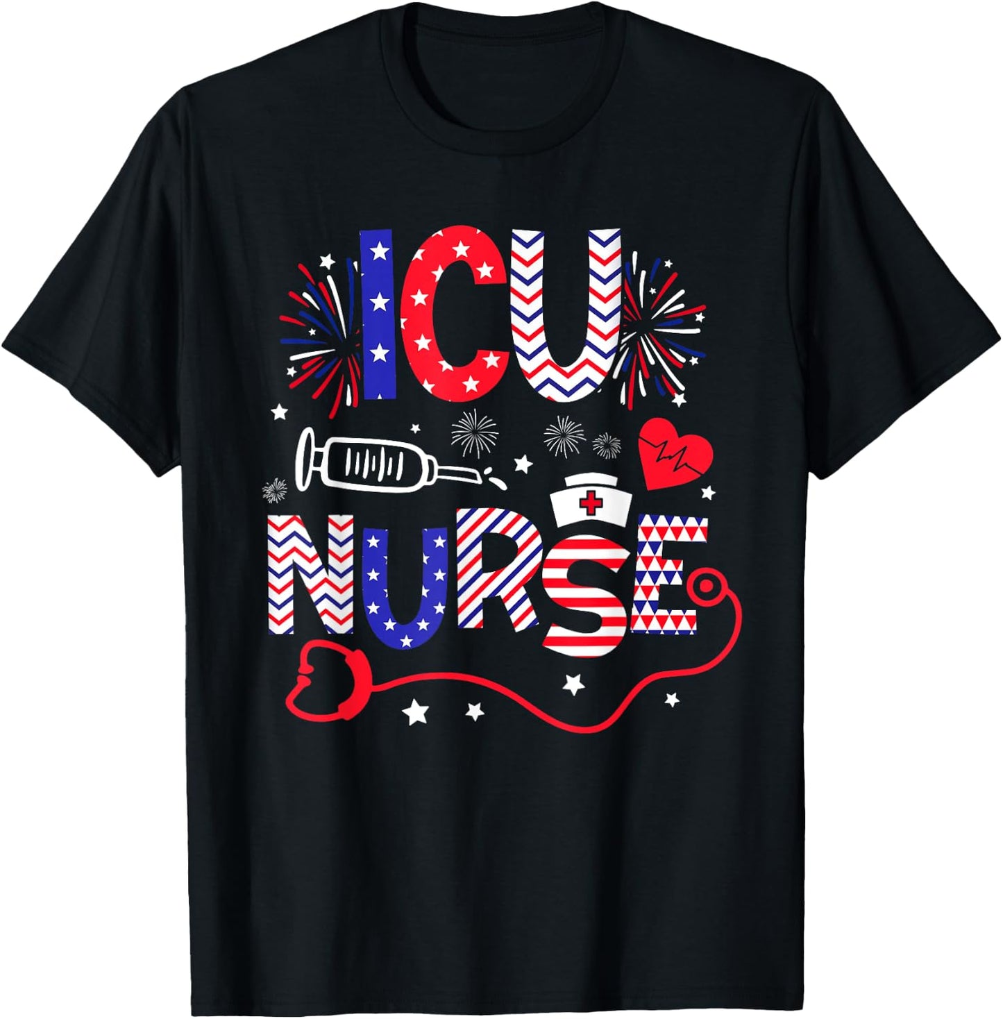 ICU Nurse 4th Of July Patriotic American Flag Stethoscope T-Shirt - T-Shirt | Black