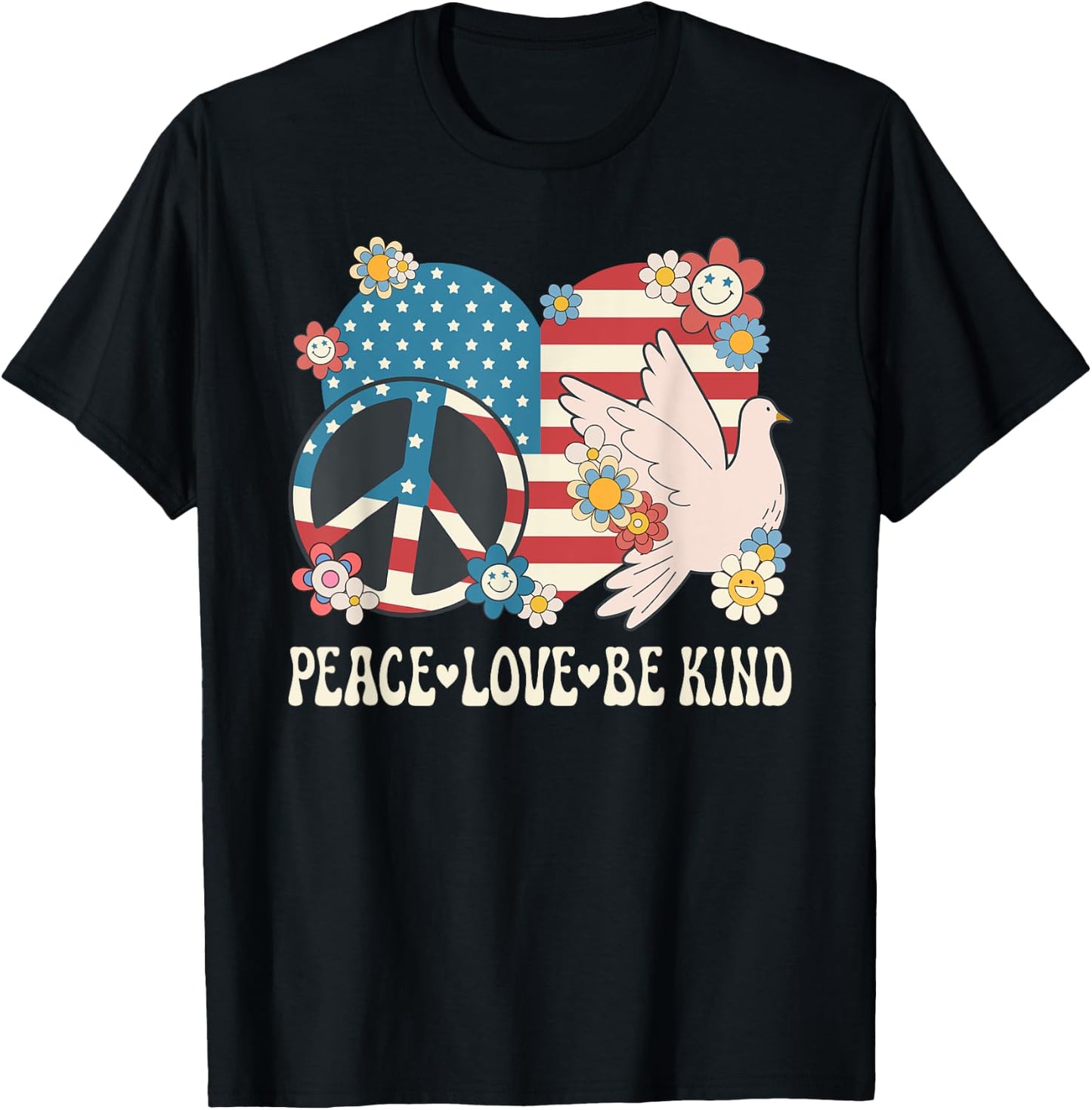 Peace Love Be Kind American Flag Patriotic Women Kindness T-Shirt - T-Shirt | Black