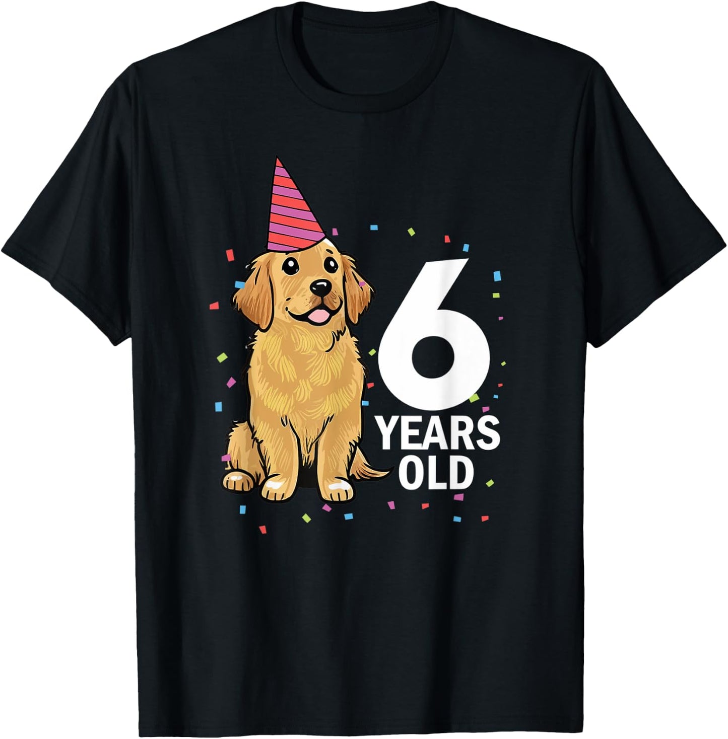 Cute 6 Years Old Birthday Golden Retriever Dog 6th Party Kid T-Shirt - T-Shirt | Black