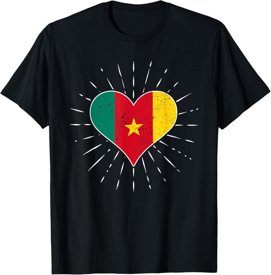 Vintage Cameroonian Flag Heart Cameroon Lovers Retro , Black, S T-Shirt - T-Shirt | Black
