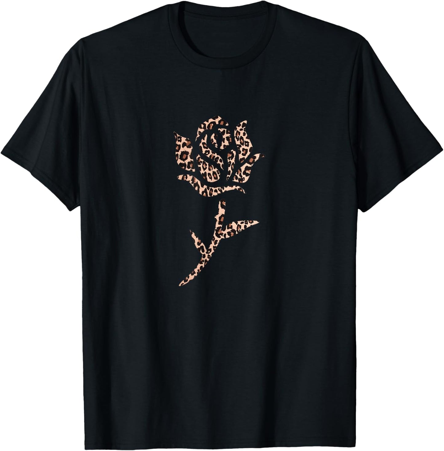Animal Print Leopard Print Rose with Stem Design T-Shirt - T-Shirt | Black