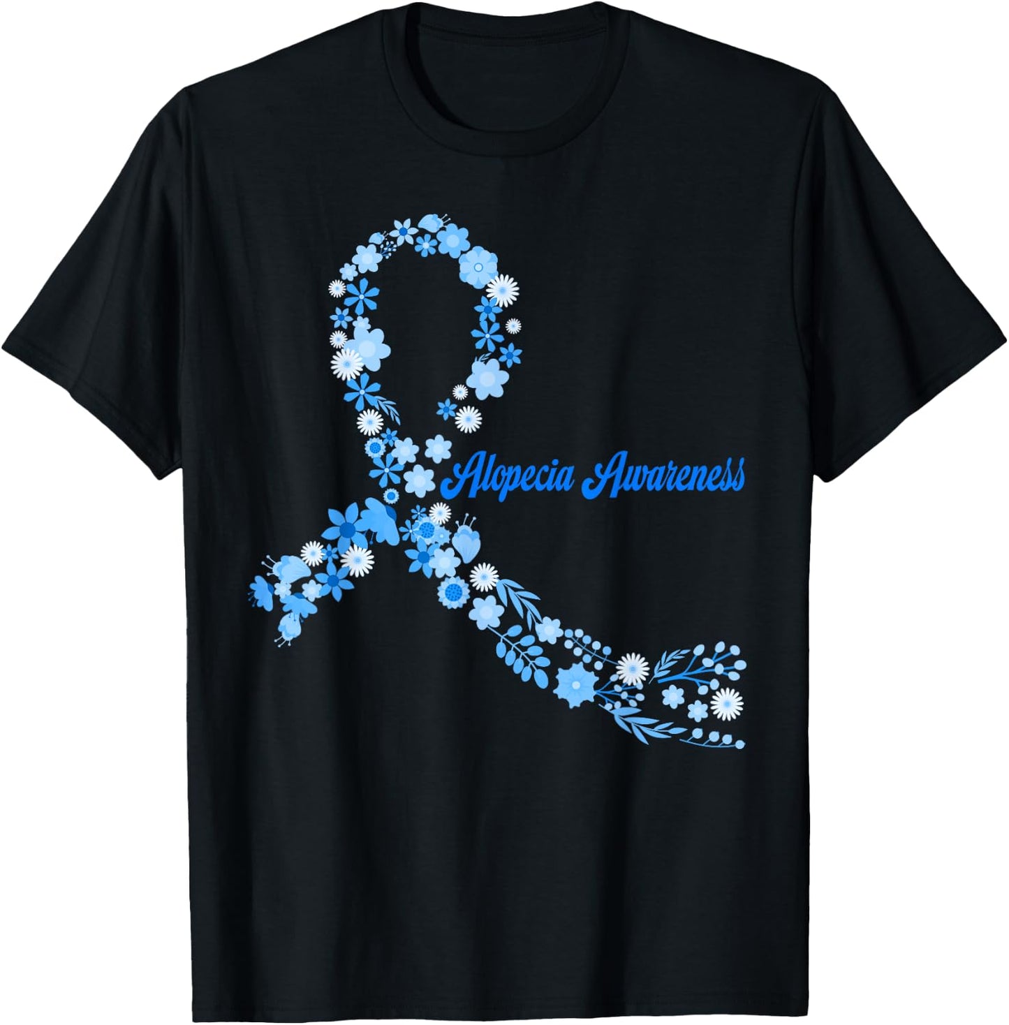 Alopecia Awareness Hippie Flower Blue Ribbon Support T-Shirt - T-Shirt | Black