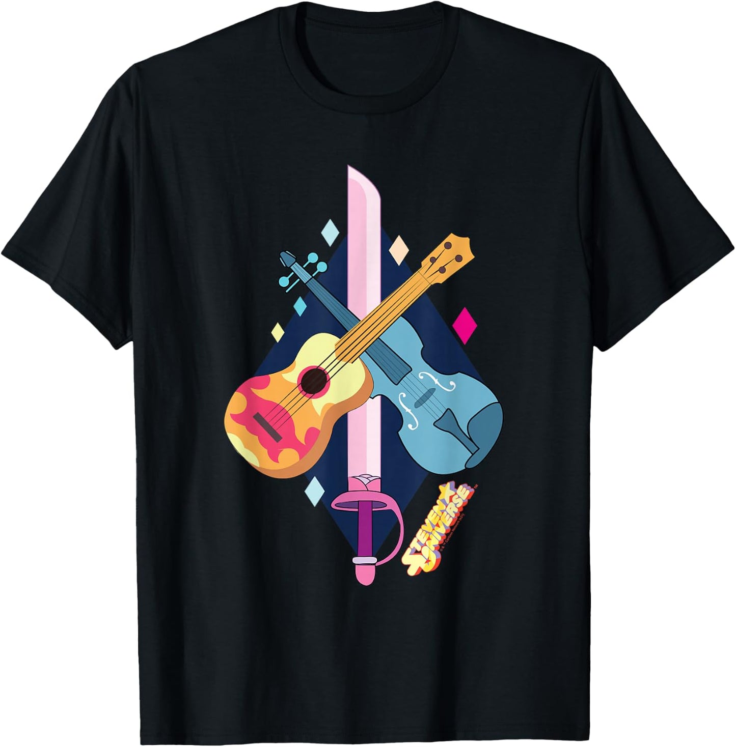 Steven Universe Rose Quartz Swords and Guitars T-Shirt - T-Shirt | Black
