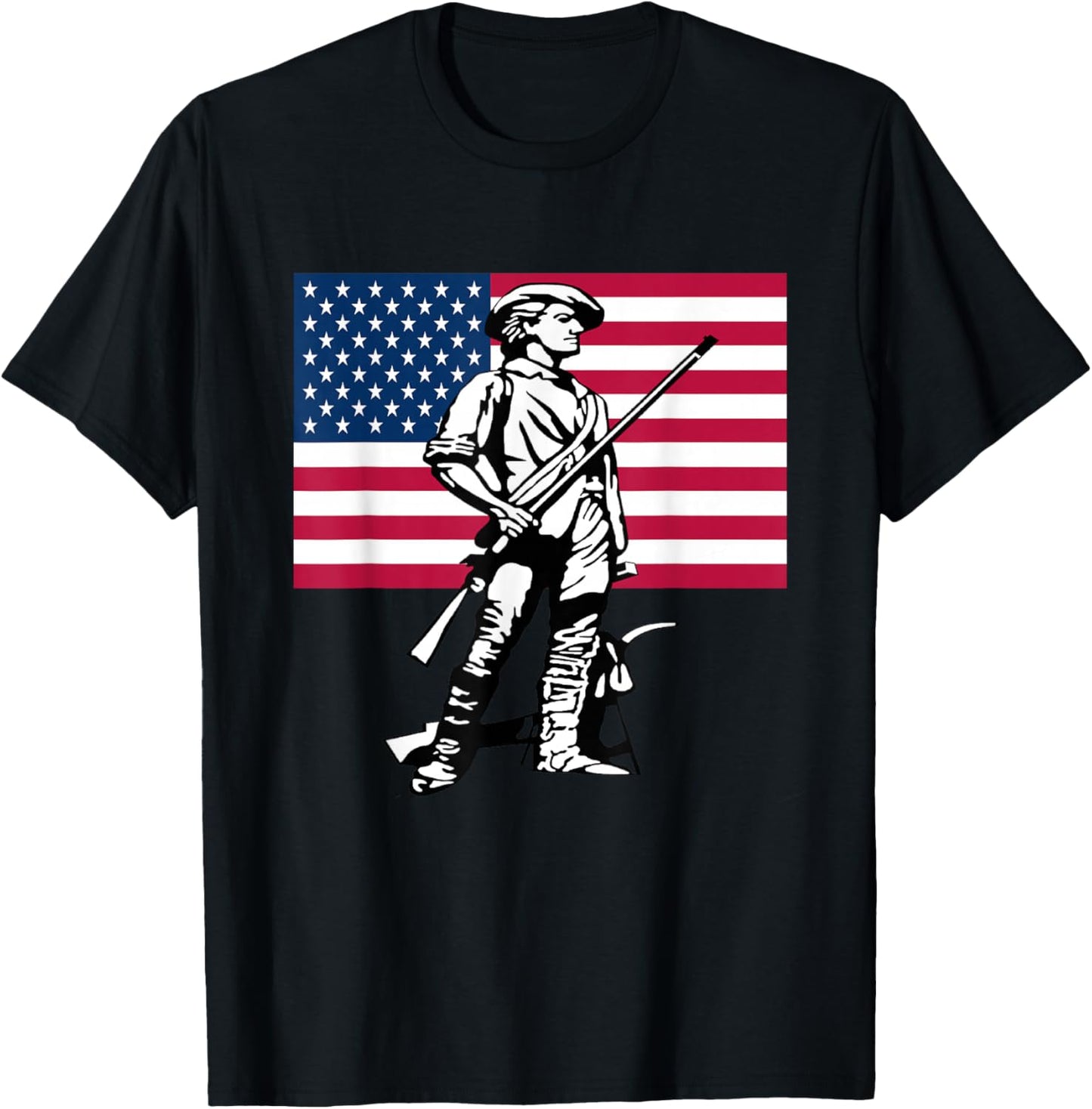 Minute Man Statue with American Flag Backdrop T-Shirt - T-Shirt | Black