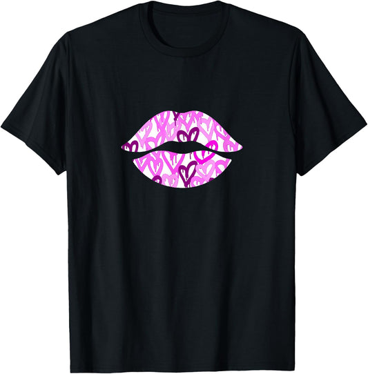 Pink Color Graffiti Heart Lips Pink Graphic T-Shirt - T-Shirt | Black