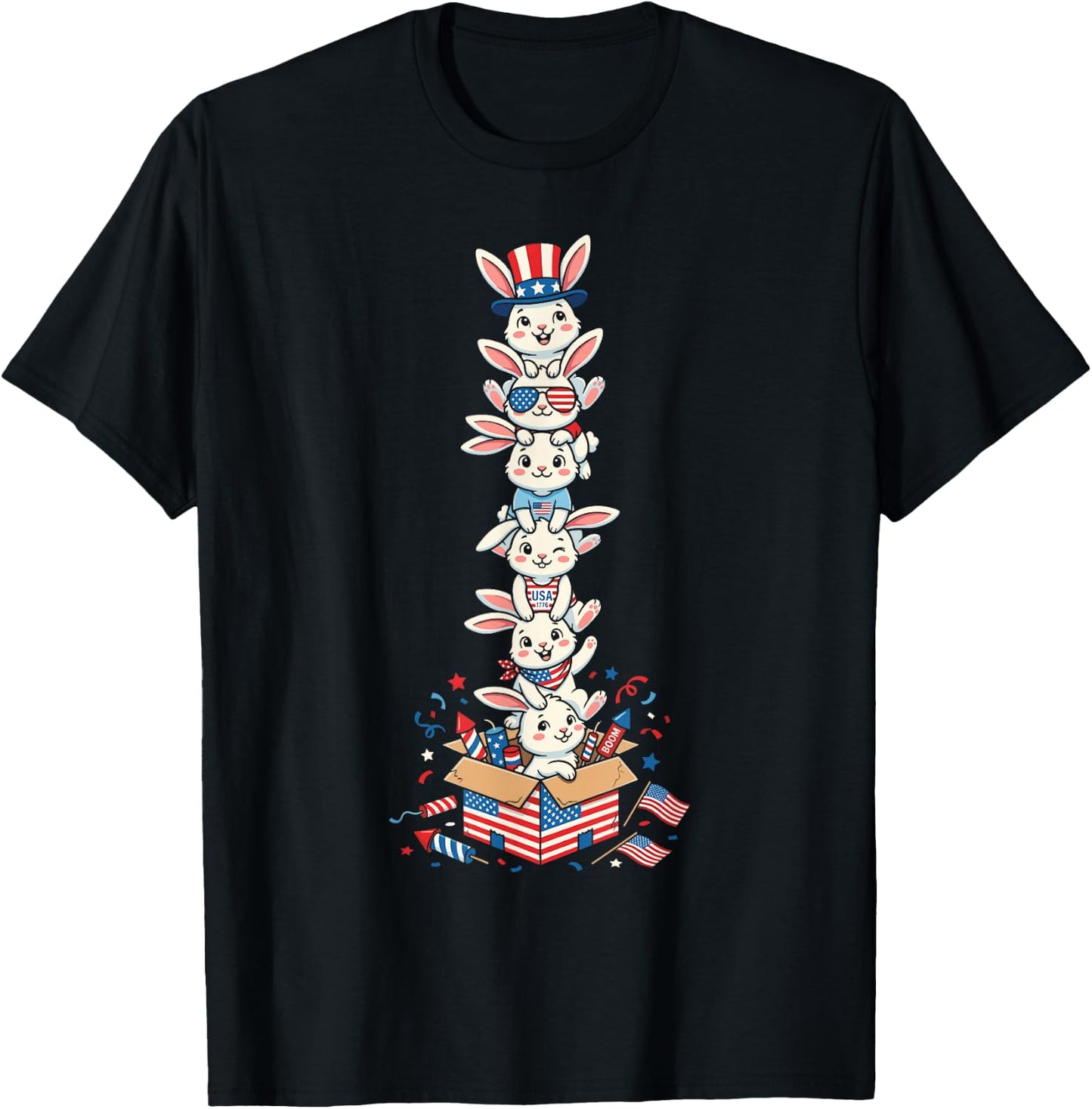 Funny Rabbit American USA Flag Memorial Day 4th of July T-Shirt - T-Shirt | Black