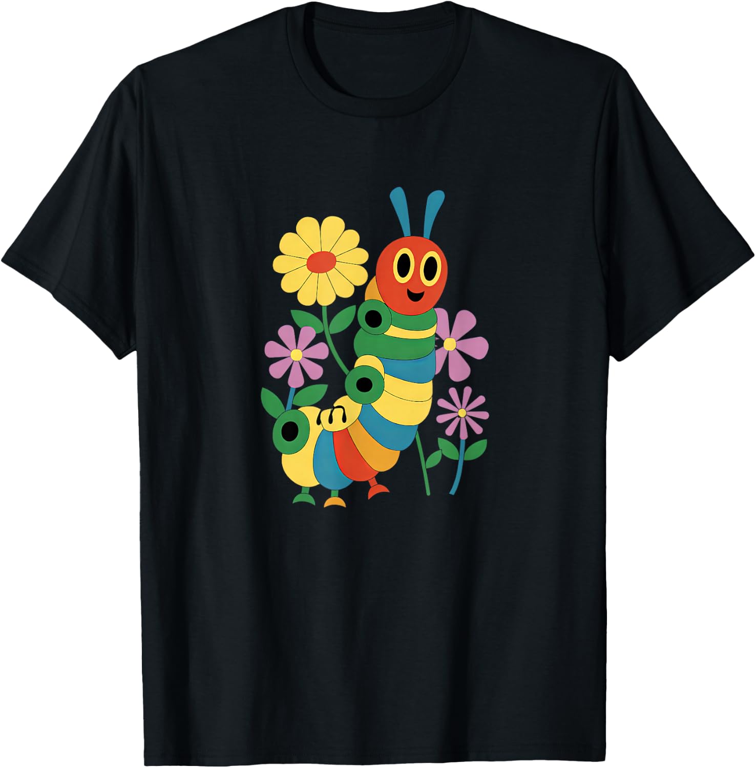 Caterpillar and Flowers Colourful Insect Design for Kids , black T-Shirt - T-Shirt | Black