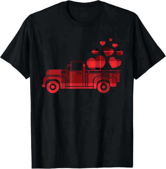 Valentines Plaid Pickup Truck Vintage Red Car Hearts T-Shirt - T-Shirt | Black