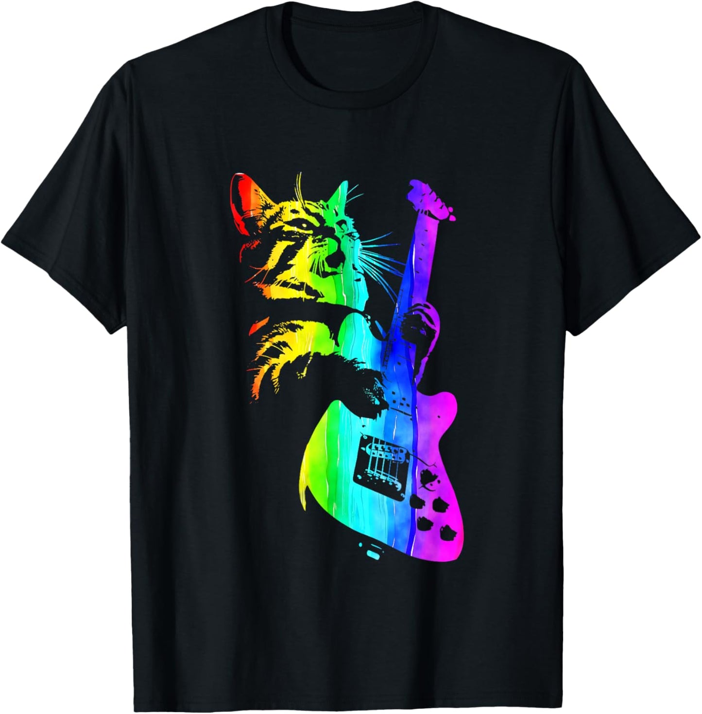 Funny HOUSE CAT Rainbow DJ Cat Kitty Rock Cat Playing Guitar T-Shirt - T-Shirt | Black