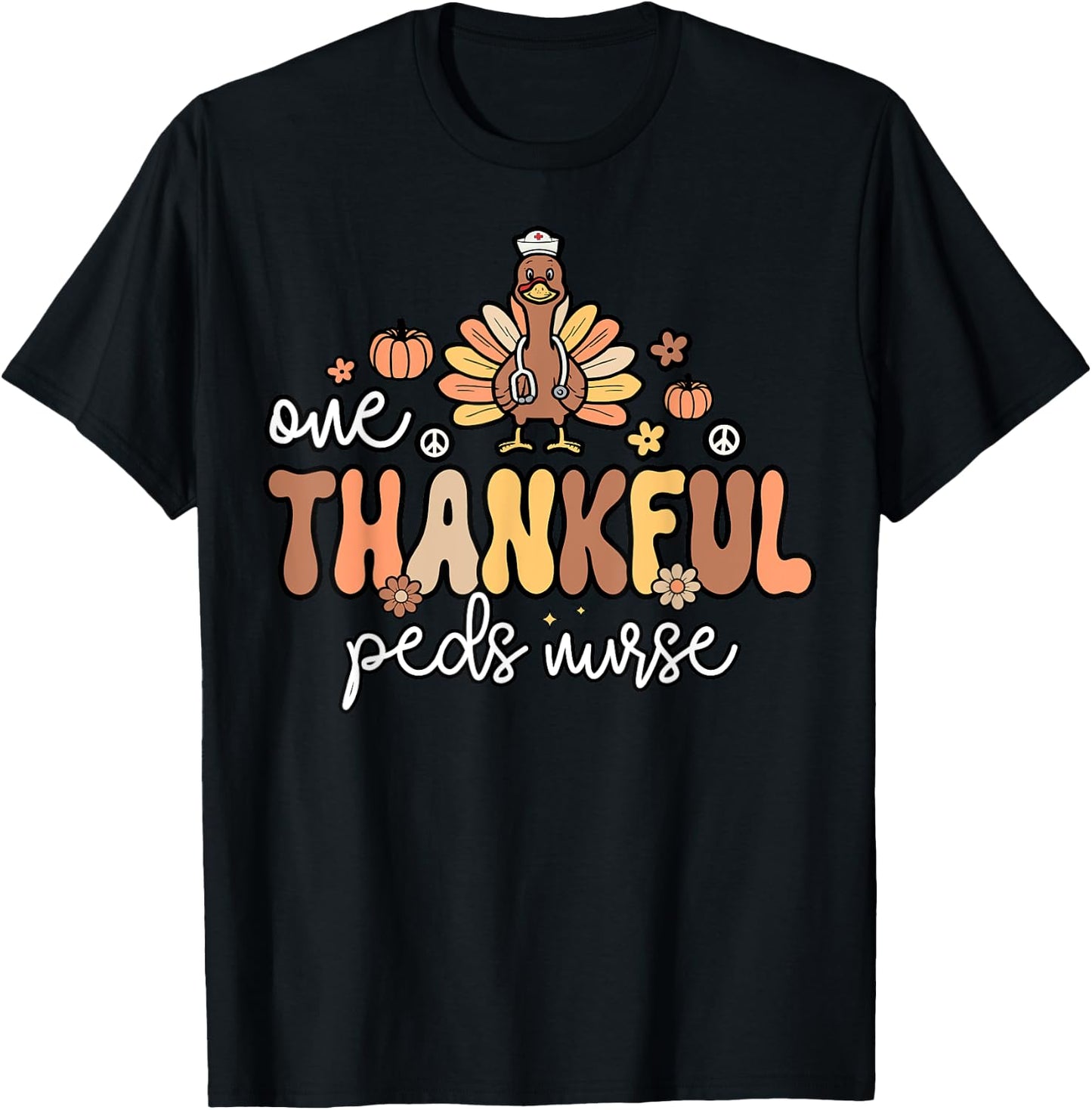 Thankful Peds Nurse Groovy Thanksgiving Turkey Pediatric T-Shirt - T-Shirt | Black