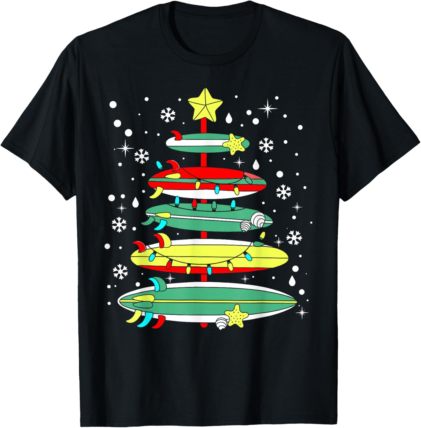 Surf Funny Surfboard Xmas Lights Surfing Christmas Tree T-Shirt - T-Shirt | Black