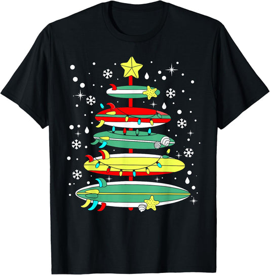 Surf Funny Surfboard Xmas Lights Surfing Christmas Tree T-Shirt - T-Shirt | Black
