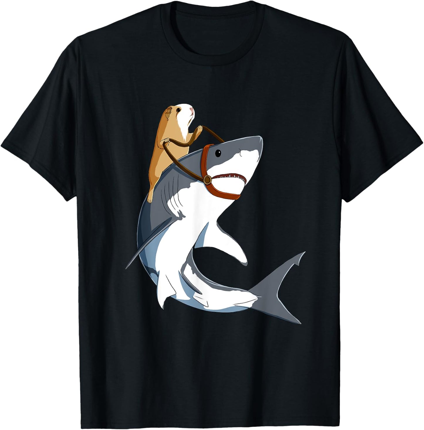 Funny Guinea Pig Riding a Shark T-Shirt - T-Shirt | Black