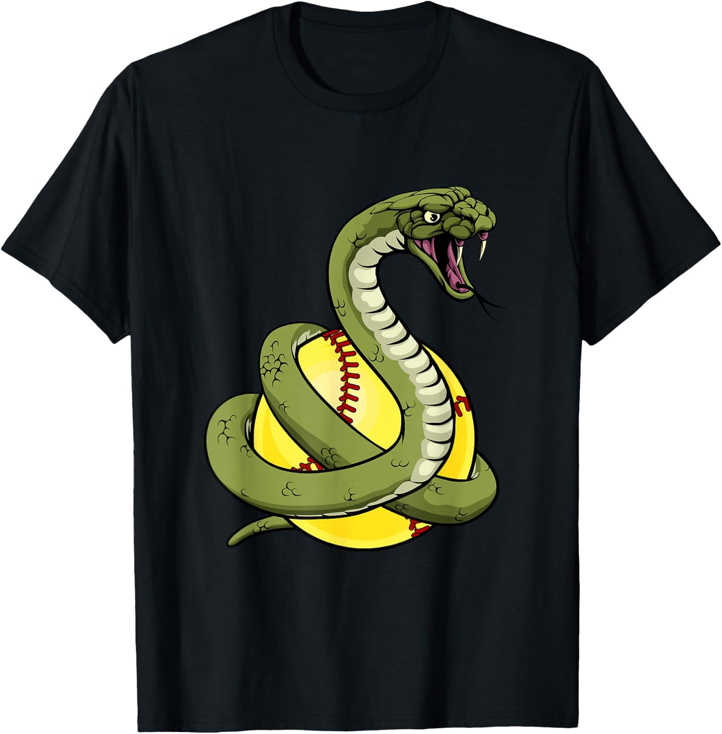 Viper Snake Cartoon Character Holding a Softball Ball T-Shirt - T-Shirt | Black