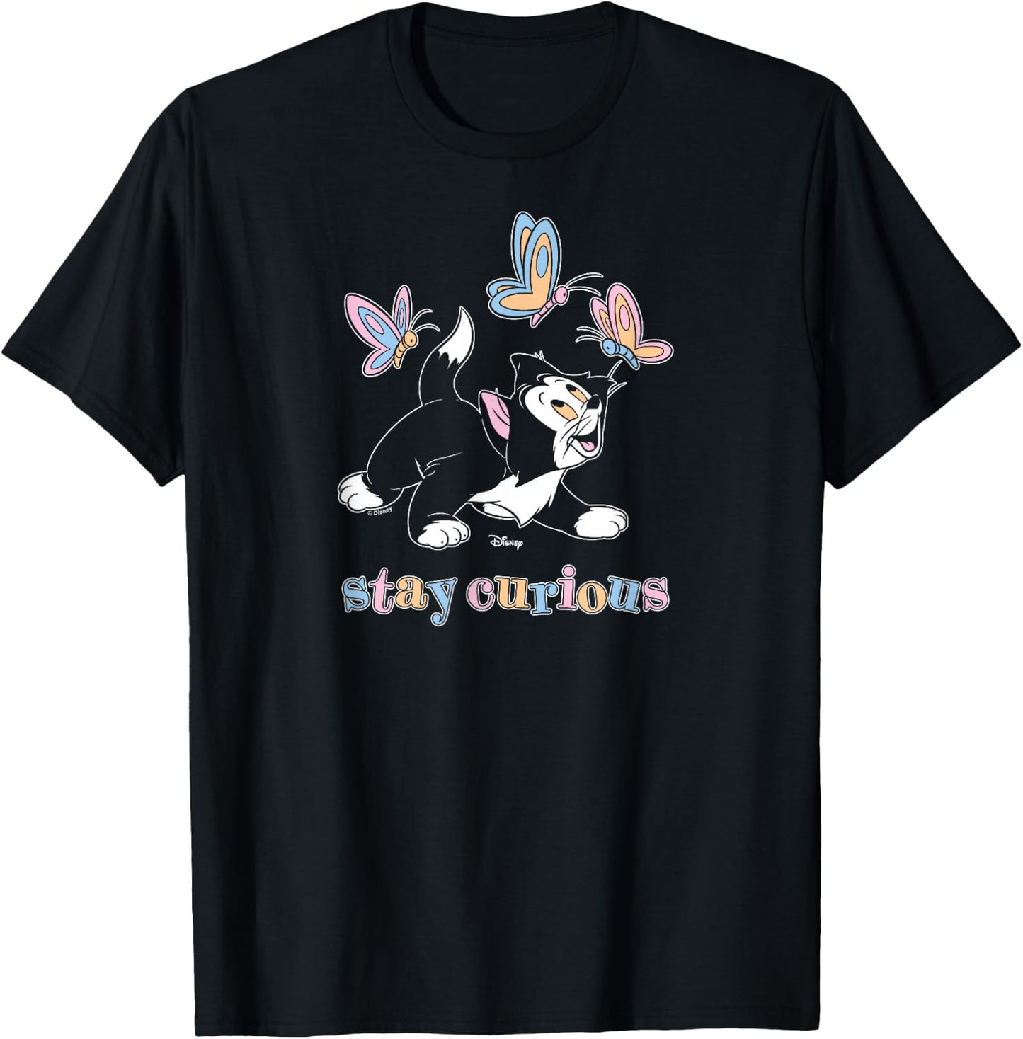 Figaro - Pinocchio Cat Stay Curious Butterflies T-Shirt - T-Shirt | Black