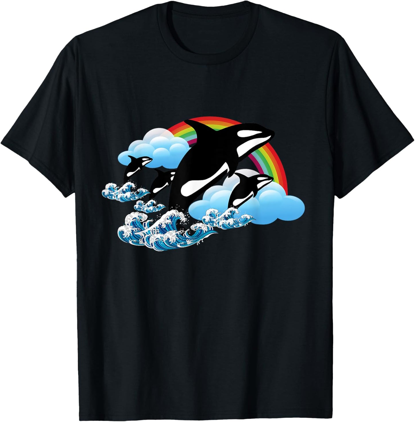 Killer Orca Whale Family Jumping Over Rainbow - Funny T-Shirt - T-Shirt | Black