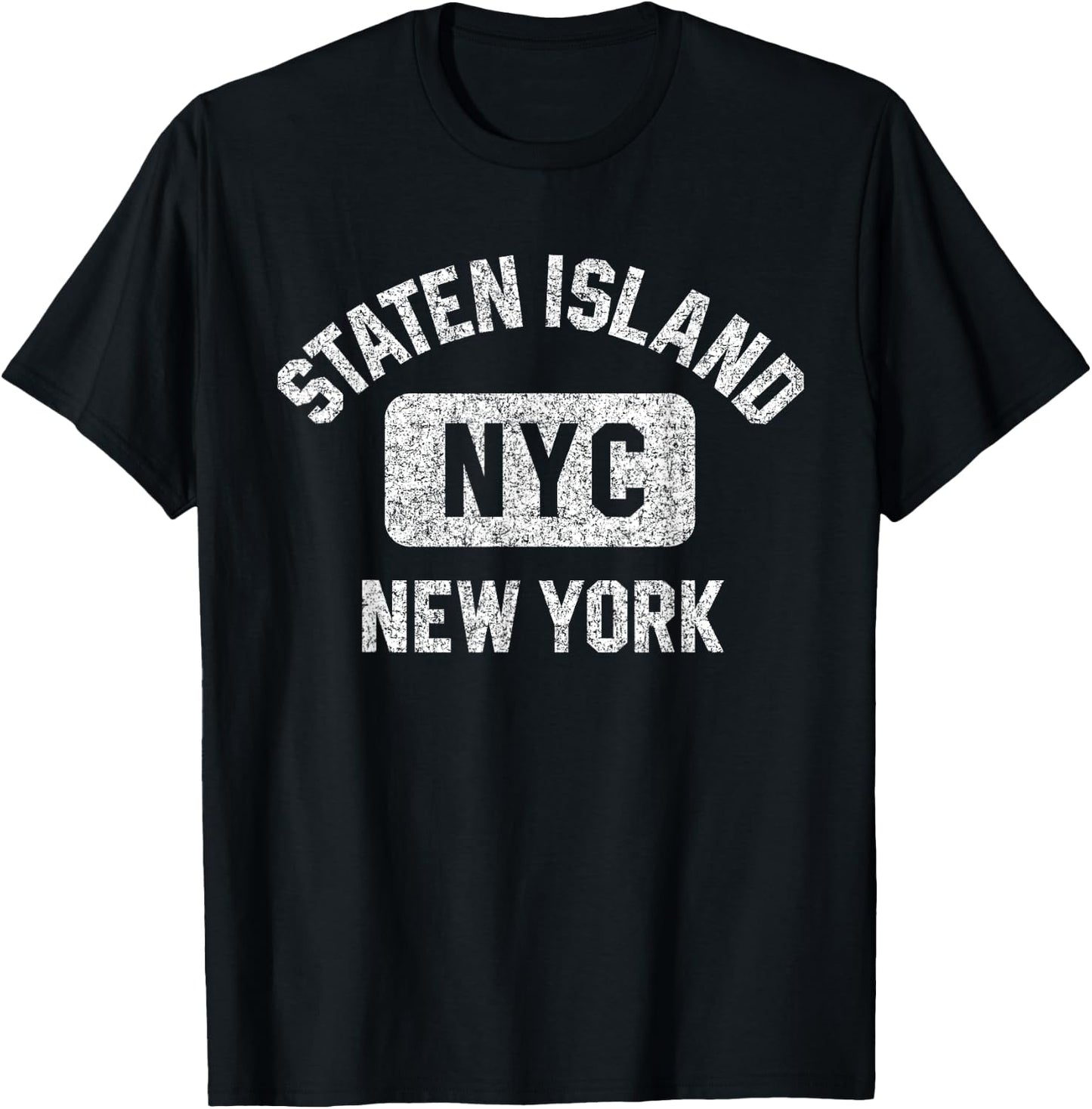 Staten Island NYC Gym Style Distressed White Print T-Shirt - T-Shirt | Black