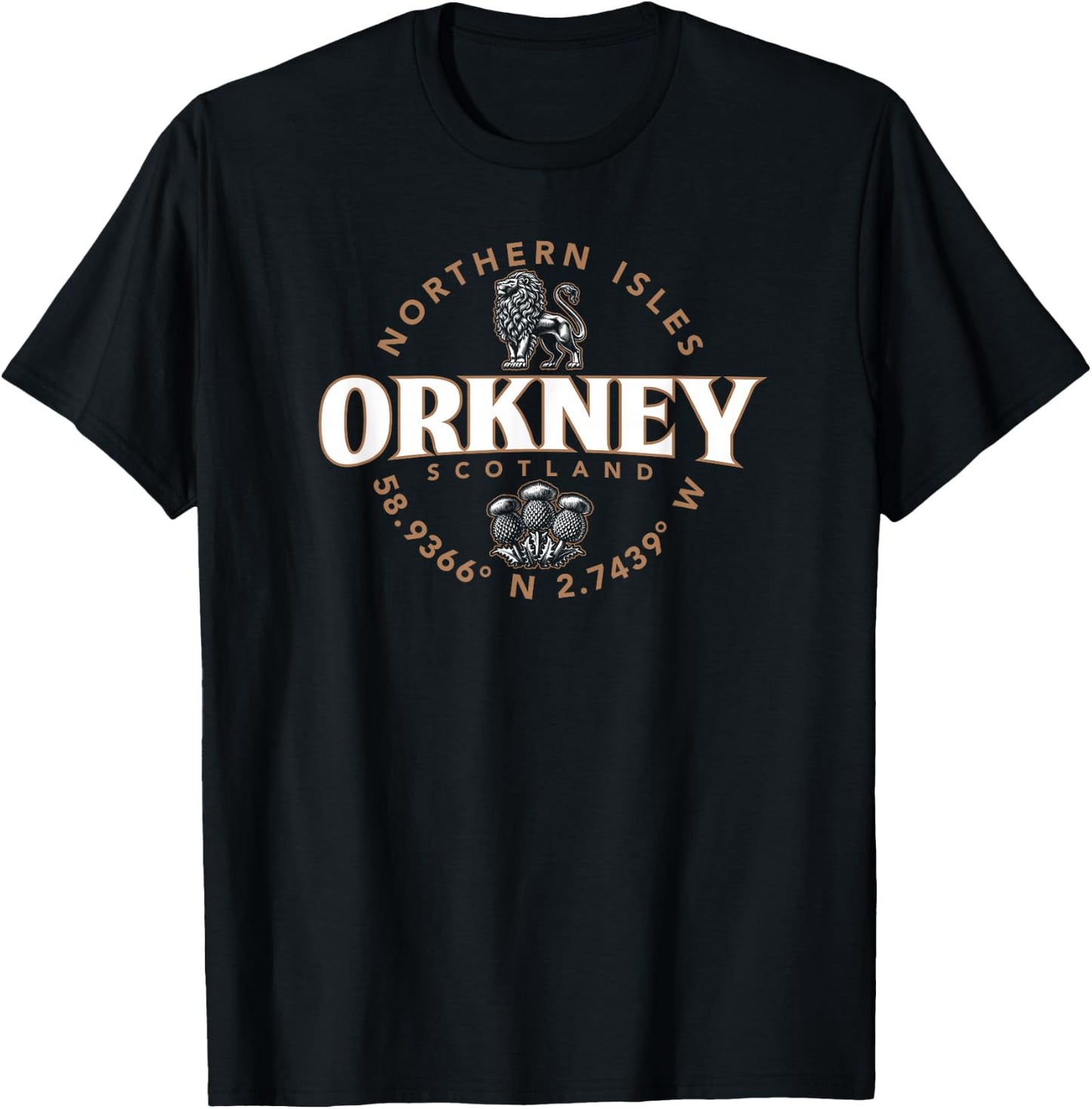 Orkney Scotland Northern Isles Coordinates Label 2C , Small, Black T-Shirt - T-Shirt | Black