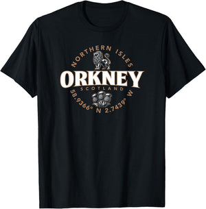 Orkney Scotland Northern Isles Coordinates Label 2C , Small, Black T-Shirt - T-Shirt | Black