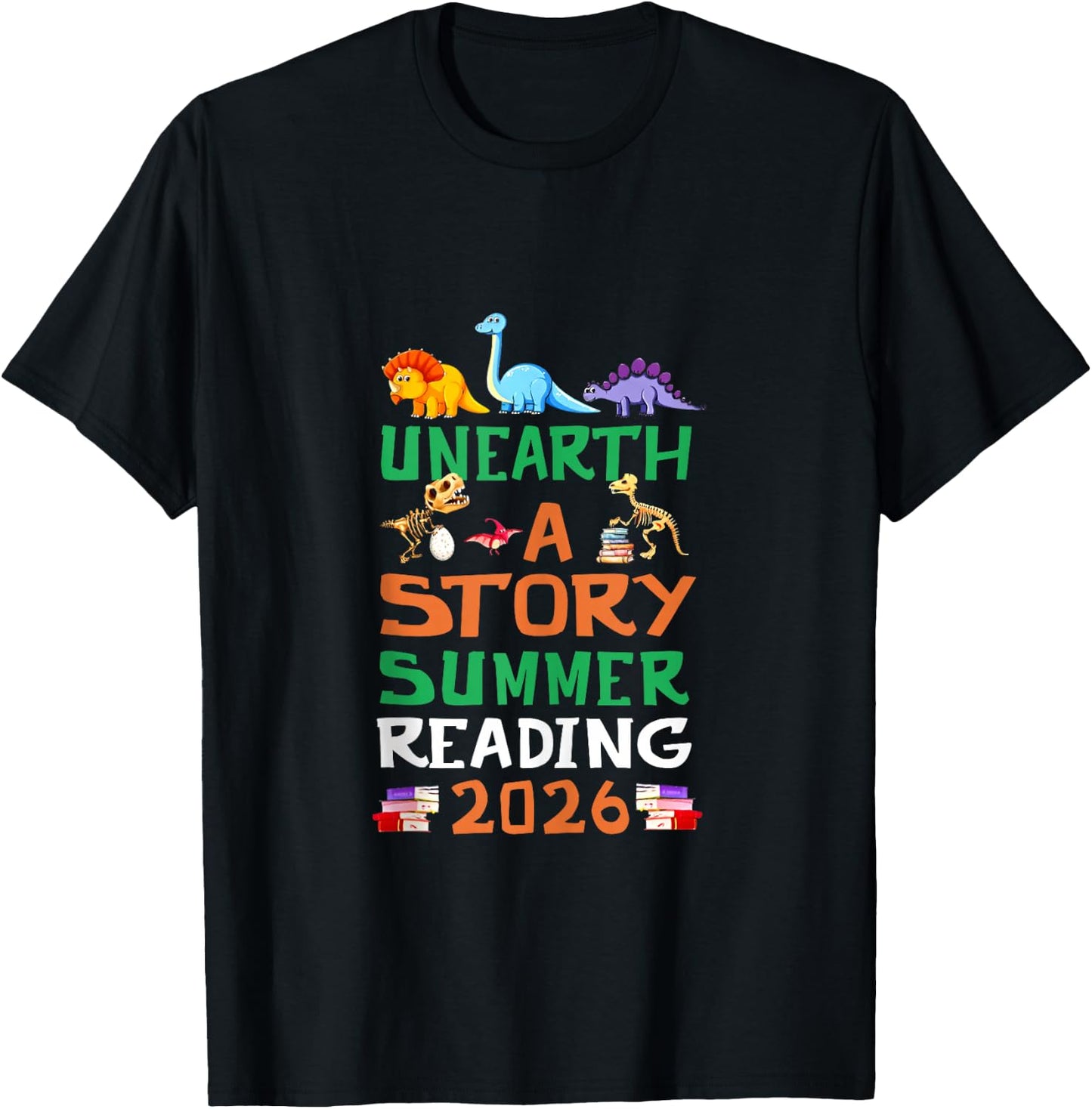 Unearth A Story Summer Reading Program 2026 Dinosaur Book T-Shirt - T-Shirt | Black