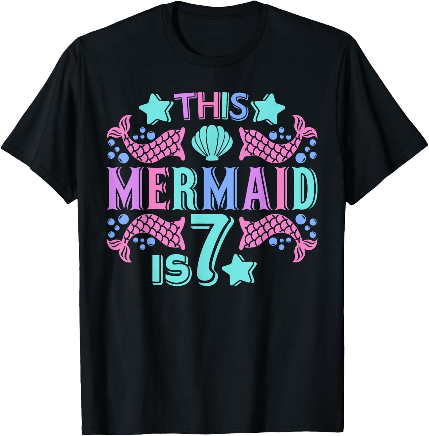 Mermaid 7 Years Old 7yr Mermaid Birthday Outfit 7th Birthday T-Shirt - T-Shirt | Black