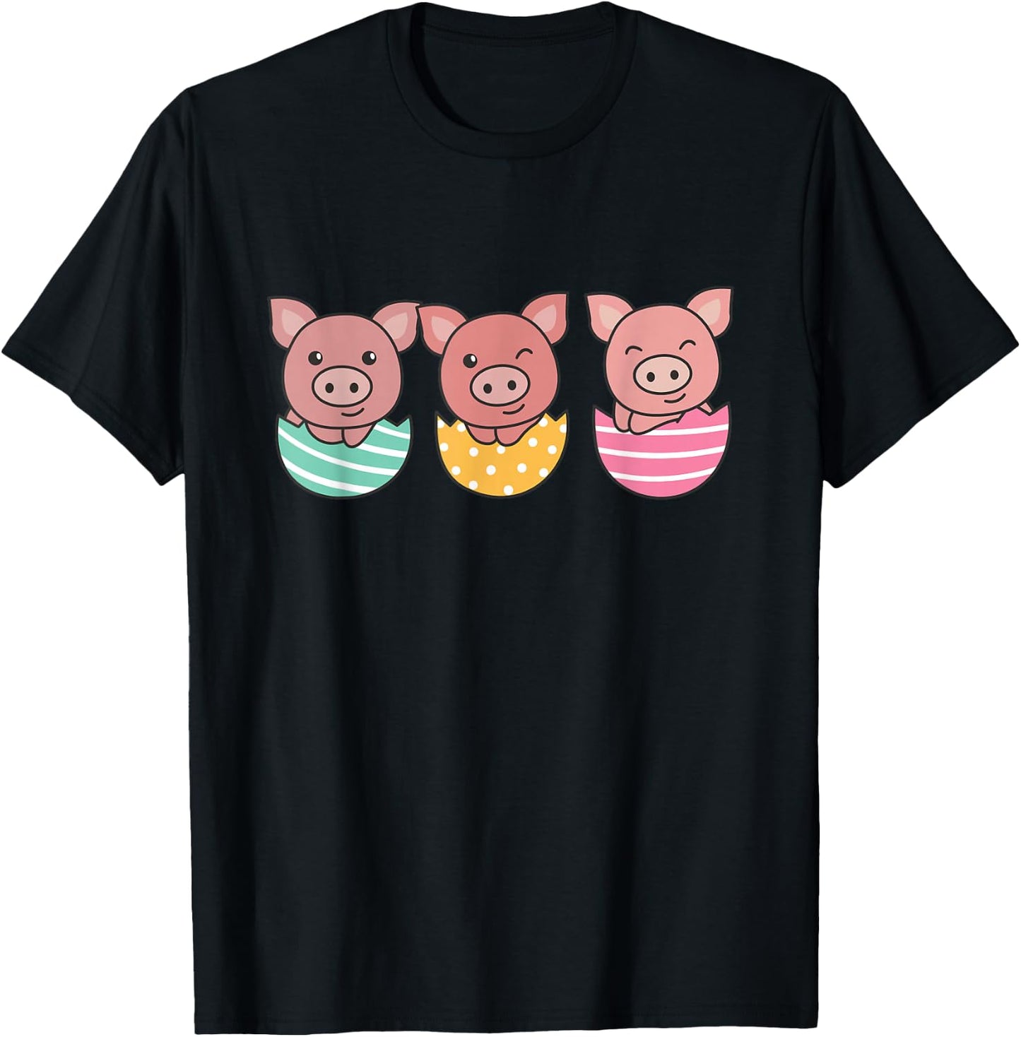 Happy Easter Cute Pig At Easter With Easter Eggs T-Shirt - T-Shirt | Black