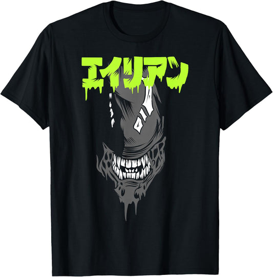 Aliens Iconic Xenomorph Big Angry Face Kanji Style Big Logo T-Shirt - T-Shirt | Black