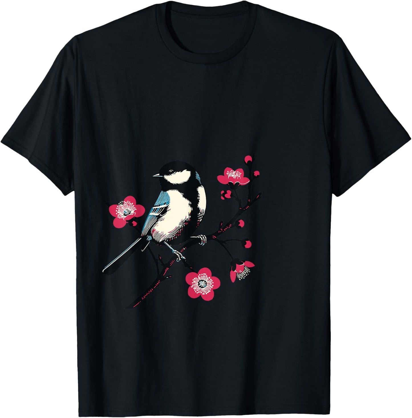 Bird on Branch with Flowers Nature Art for Bird Lovers , Blue, S T-Shirt - T-Shirt | Black