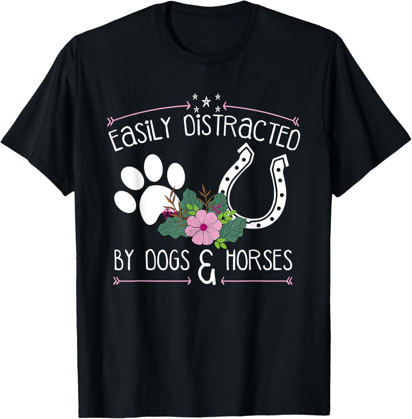 Easily Distracted By Dogs And Horses Funny Farm Animal Lover T-Shirt - T-Shirt | Black