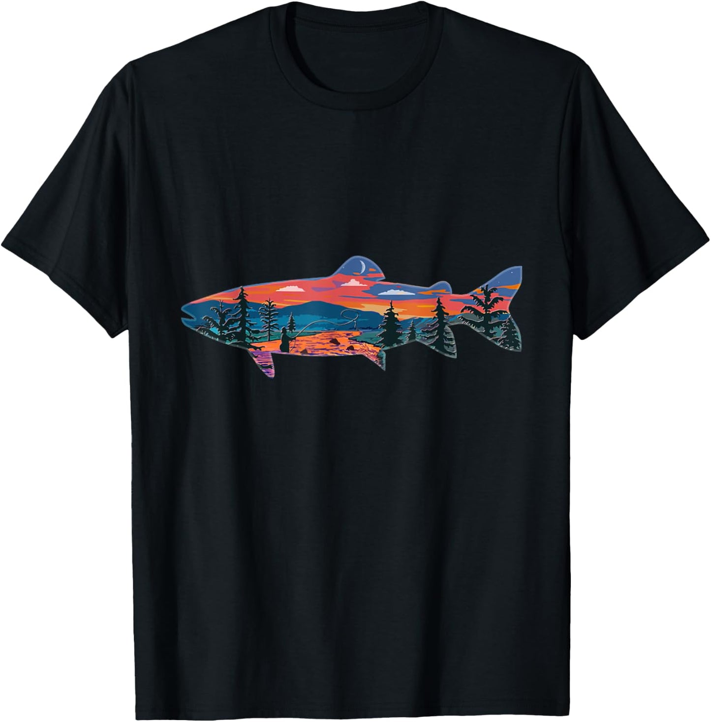 Trout Silhouette Fly Fishing Mountain Sunset River Stream T-Shirt - T-Shirt | Black