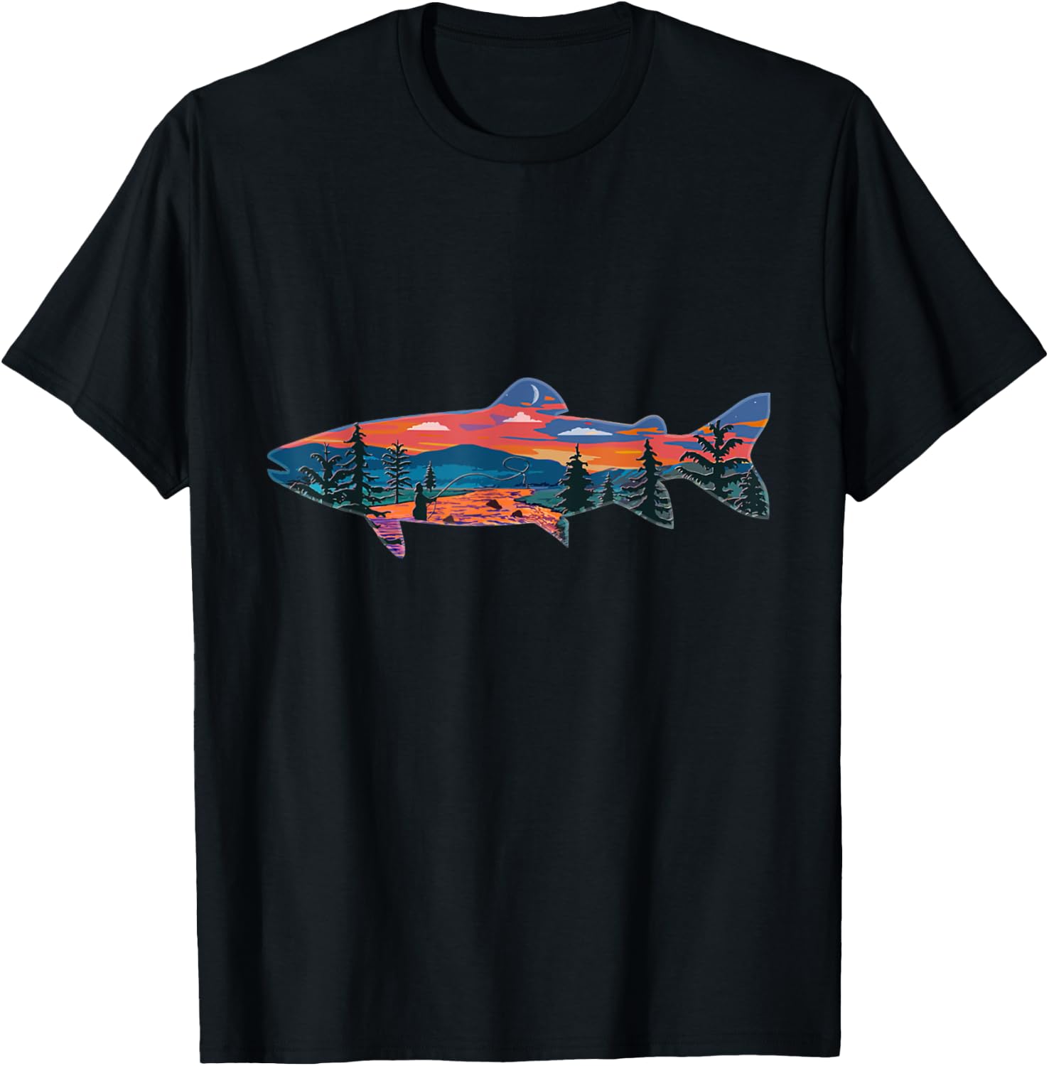Trout Silhouette Fly Fishing Mountain Sunset River Stream T-Shirt - T-Shirt | Black