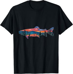 Trout Silhouette Fly Fishing Mountain Sunset River Stream T-Shirt - T-Shirt | Black