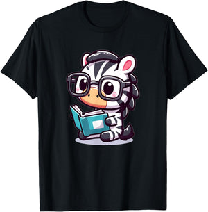 Adorable Book Lover Zebra With Reading Glasses Cute T-Shirt - T-Shirt | Black