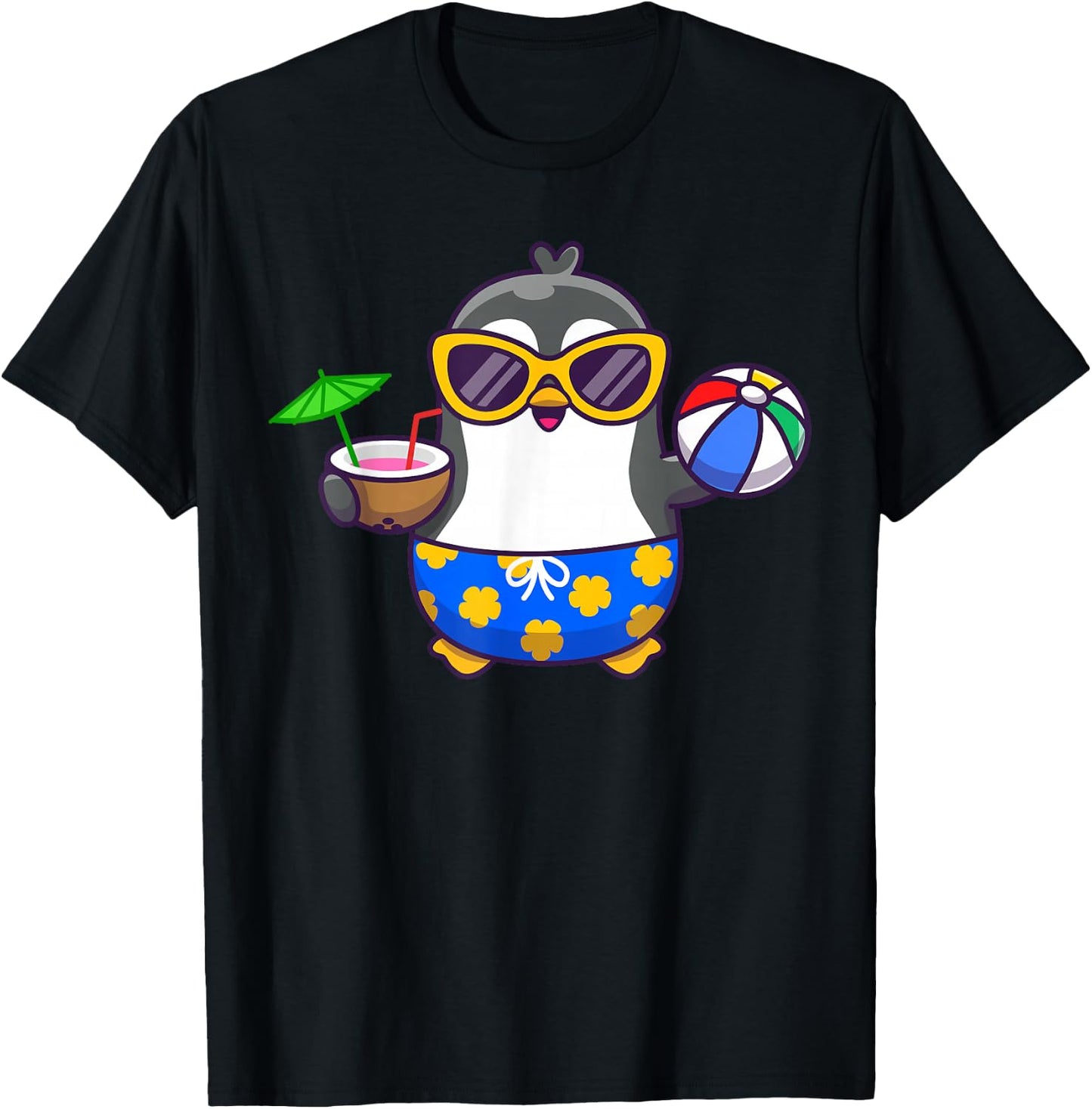 Funny Penguin Hawaiian Funny Aloha Penguin Drinking Coconut T-Shirt - T-Shirt | Black
