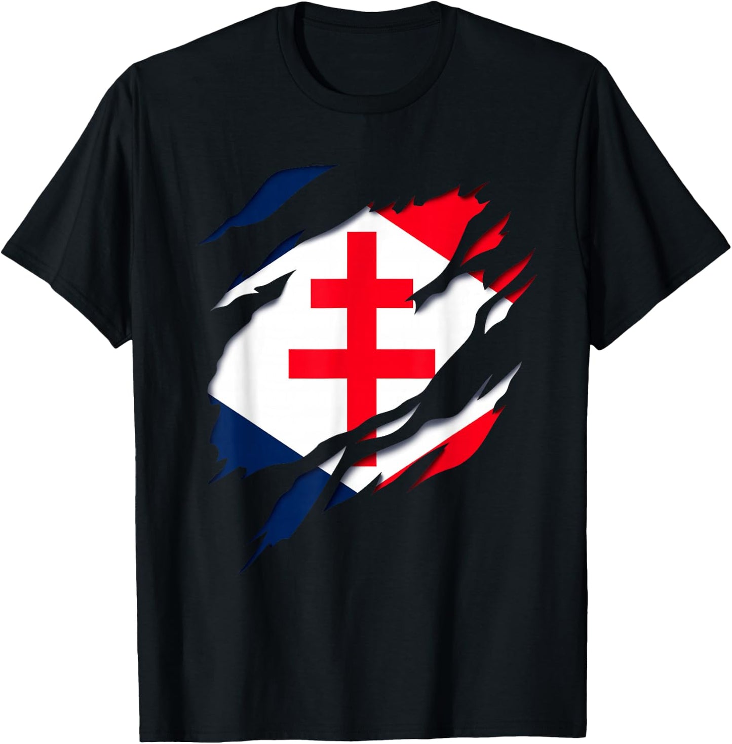 Gaullism Flag Cross of Lorraine Torn 3D Effect France , Black, S T-Shirt - T-Shirt | Black