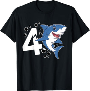 Kids Kids 4 Years Old Cute Shark Lover 4th Birthday Party T-Shirt - T-Shirt | Black