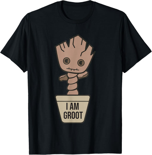 Marvel Kawaii I Am Groot Potted Baby Groot Shot T-Shirt - T-Shirt | Black