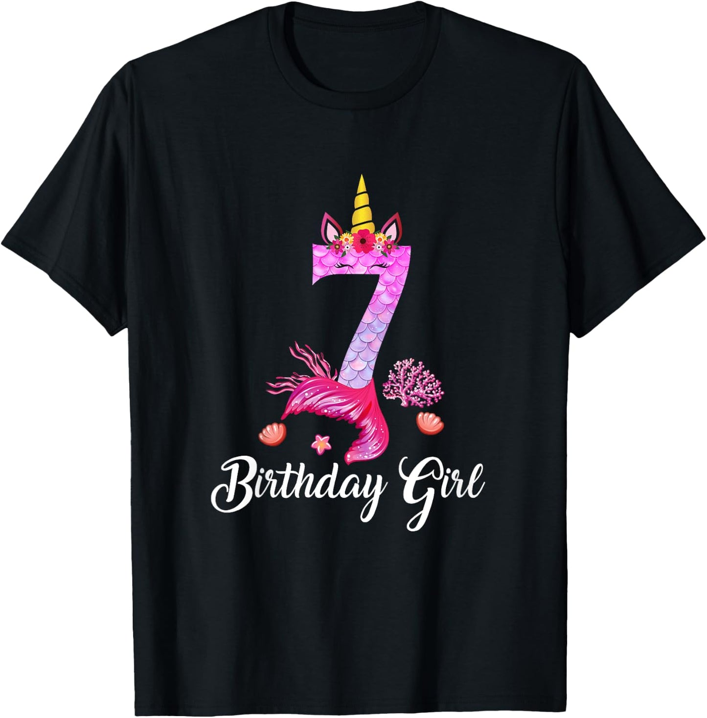 7th Mermaid Tail Shirt Unicorn Number 7 Years Old Birthday T-Shirt - T-Shirt | Black