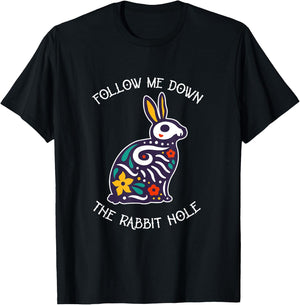 Funny Follow Me Down The Rabbit Hole Surrealistic Bunny T-Shirt - T-Shirt | Black