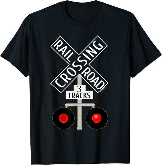 Train Railroad Crossing Lights tracks road sign T-Shirt - T-Shirt | Black