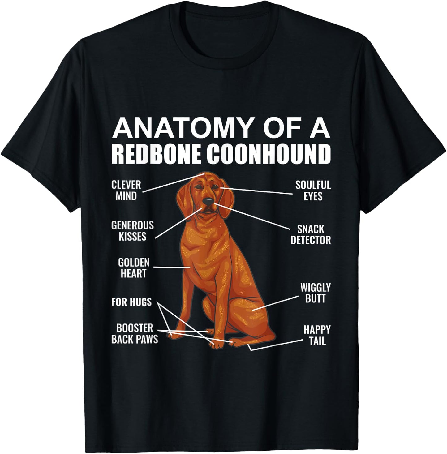 Redbone Coonhound, Anatomy Of A Redbone Coonhound , Black T-Shirt - T-Shirt | Black