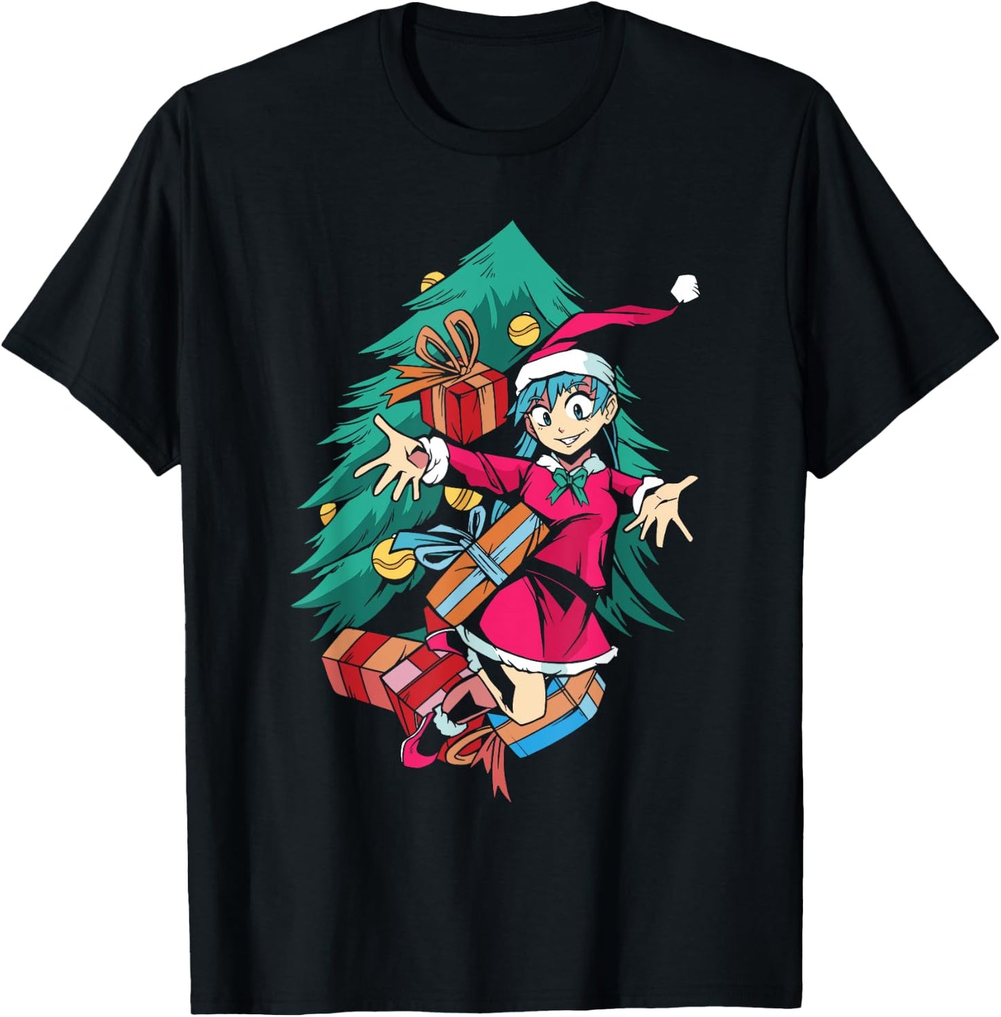 Anime Girl Santa Hat Christmas Pajama Cute Kawaii Xmas Otaku T-Shirt - T-Shirt | Black