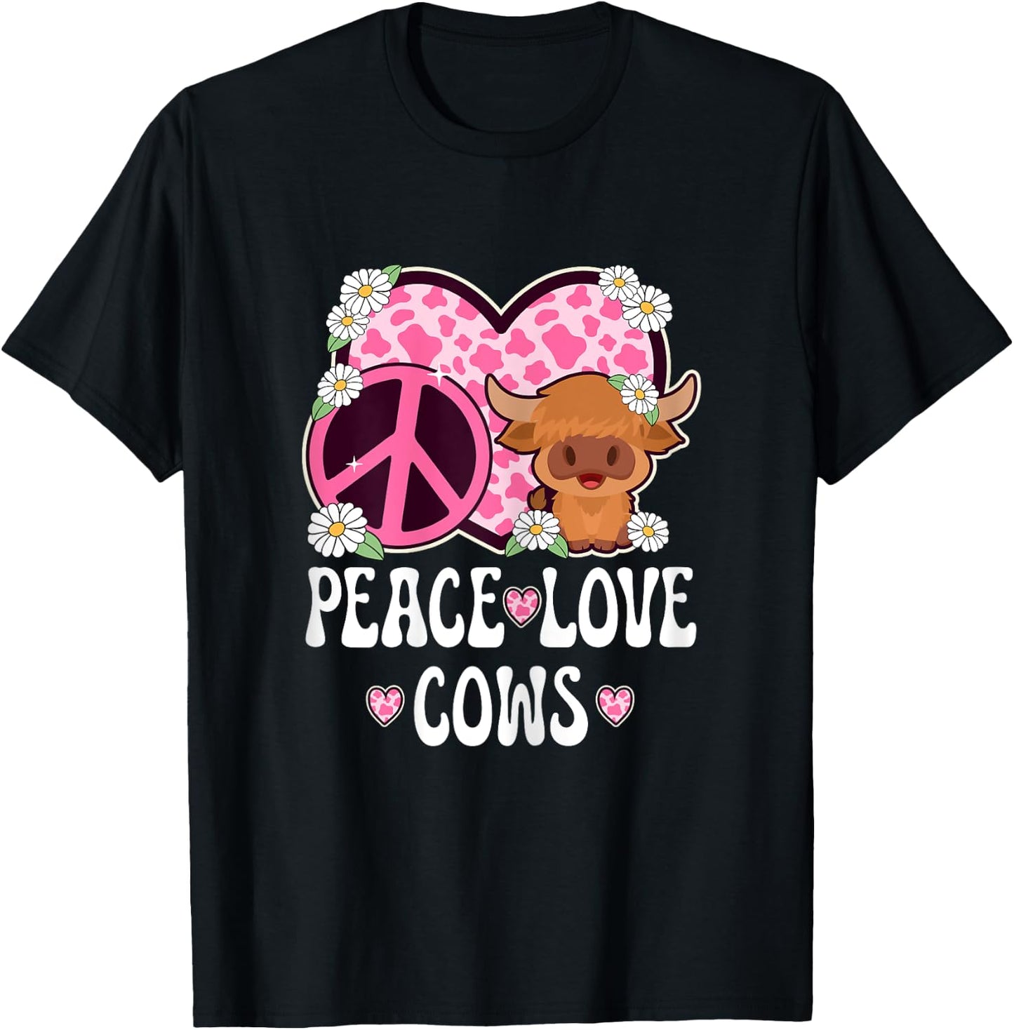 Peace Love Cows Women Cow Print Cute Cow Girls Cow Lover Cow T-Shirt - T-Shirt | Black