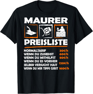 Funny Masonry Hourly Wage with Back Print Backprint Work , black T-Shirt - T-Shirt | Black