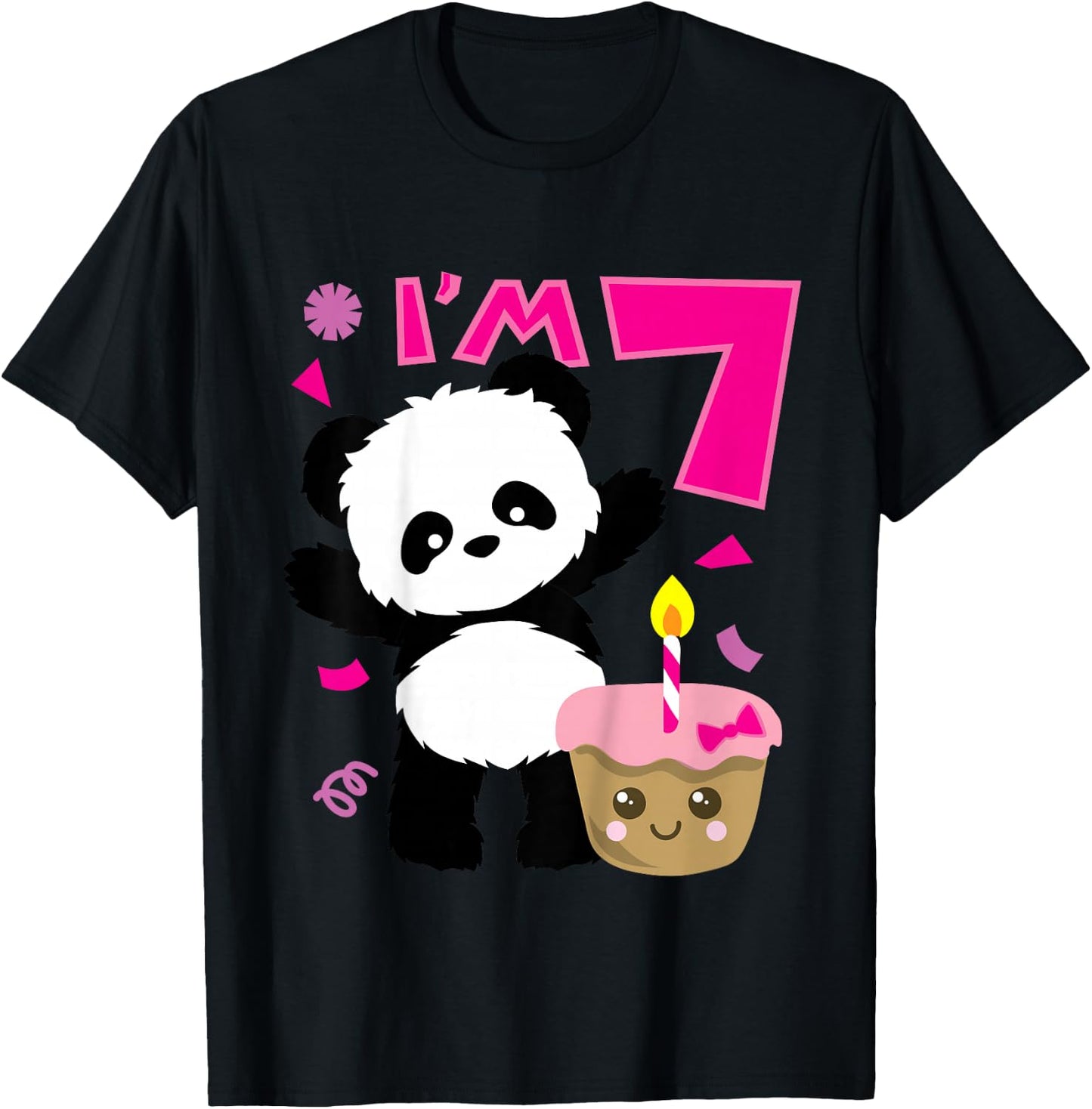 Kids Panda with Kawaii Cake 7 Years Old Girls Birthday Party T-Shirt - T-Shirt | Black